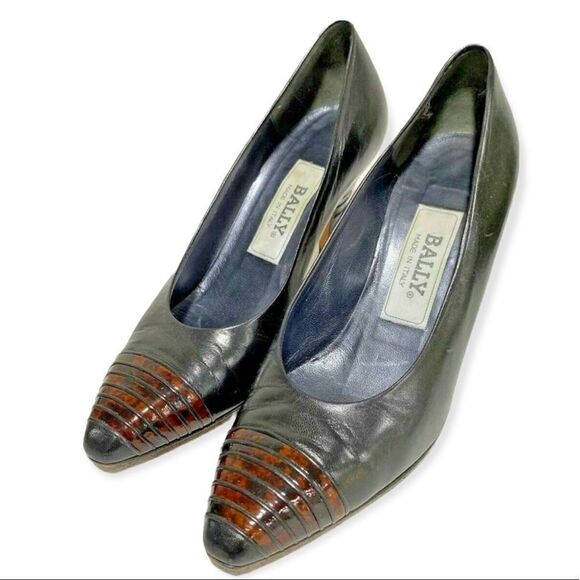 Bally Vintage Kathleen Leather Black Pump Heels Unique Cognac Details Sz 7 - Picture 6 of 12